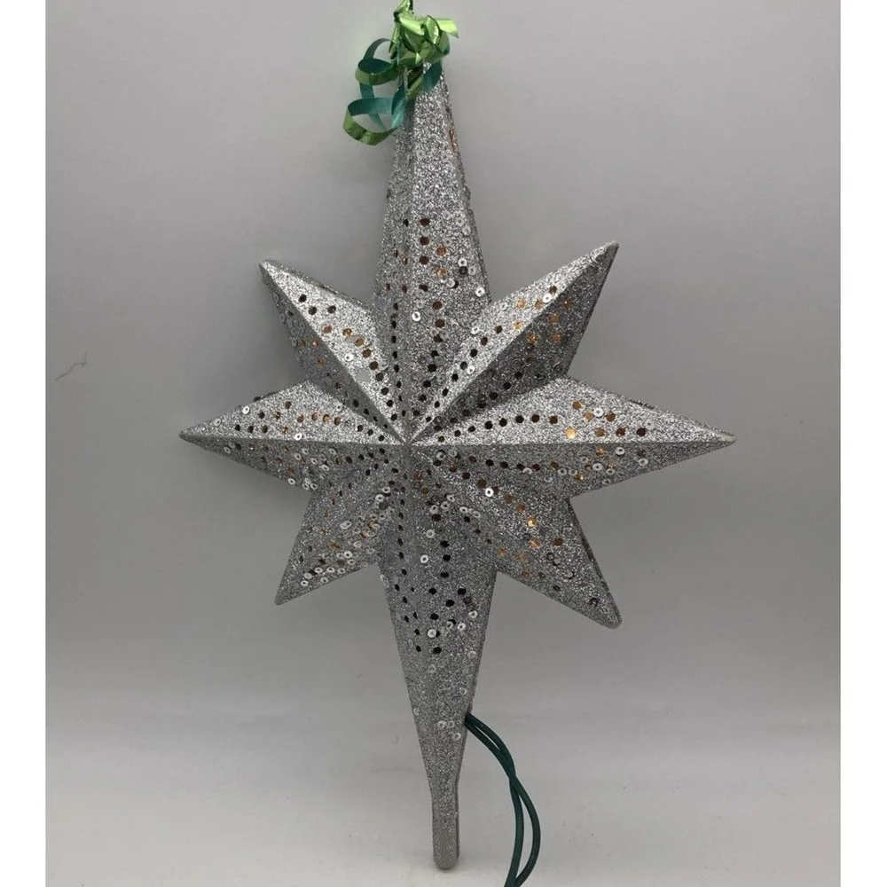 Large Electric Lighted North Star Starburst Silver Glitter 10.5